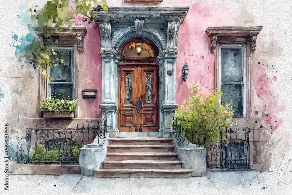 A beautifully detailed wooden door with intricate carvings stands out against the soft pink of the building.