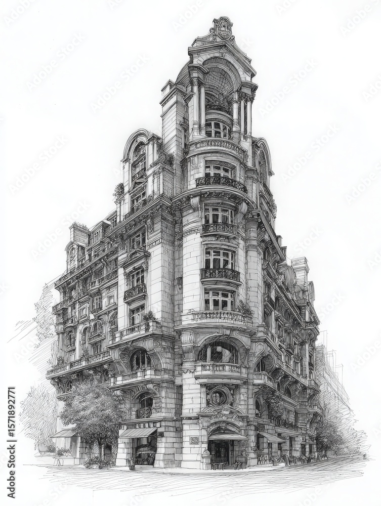 A beautifully intricate building with ornate details and stylish balconies, situated in a bustling city environment. The drawing showcases the architectural elegance in fine lines.