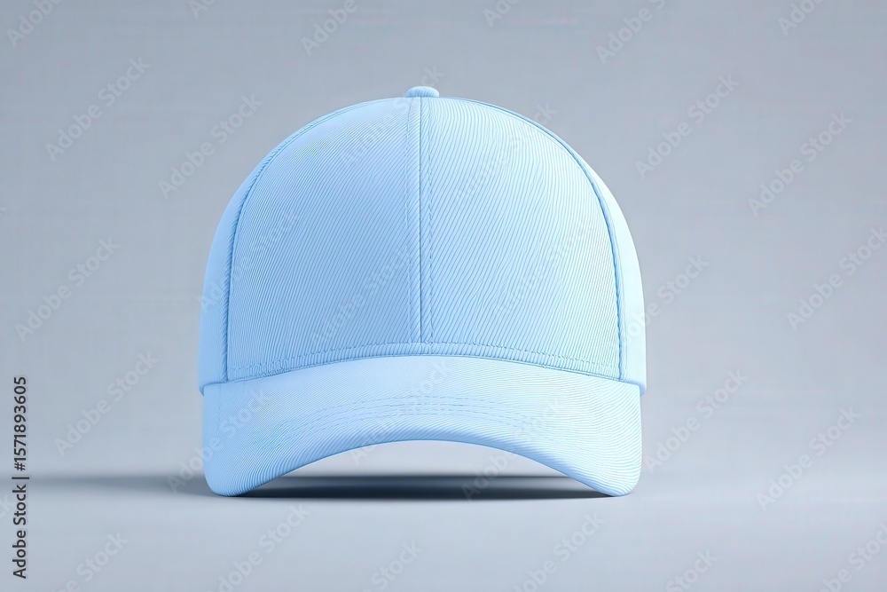 A blue baseball cap is centered against a light gray backdrop, showcasing its simple design and color. The cap features a curved brim and a structured crown.