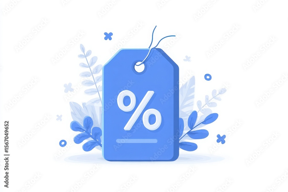 A blue discount tag displays a percent symbol, creating a visually appealing design. The tag is enhanced by delicate blue foliage and floral accents, adding aesthetic charm.