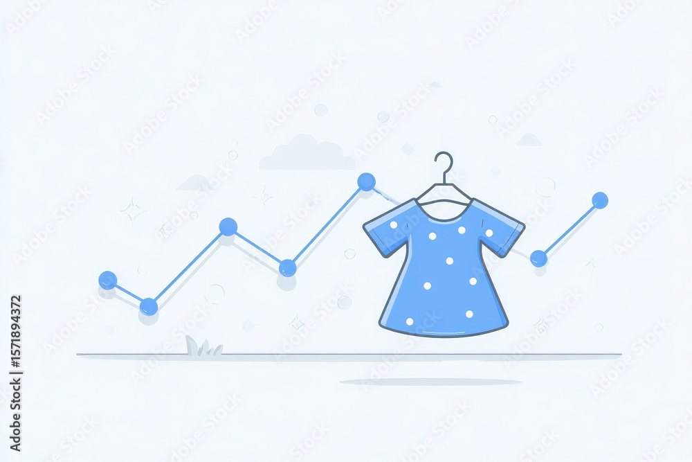 A blue dress with white polka dots hangs from a simple hook. In the background, a line graph trends upward, symbolizing growth. The setting features a light-colored backdrop.