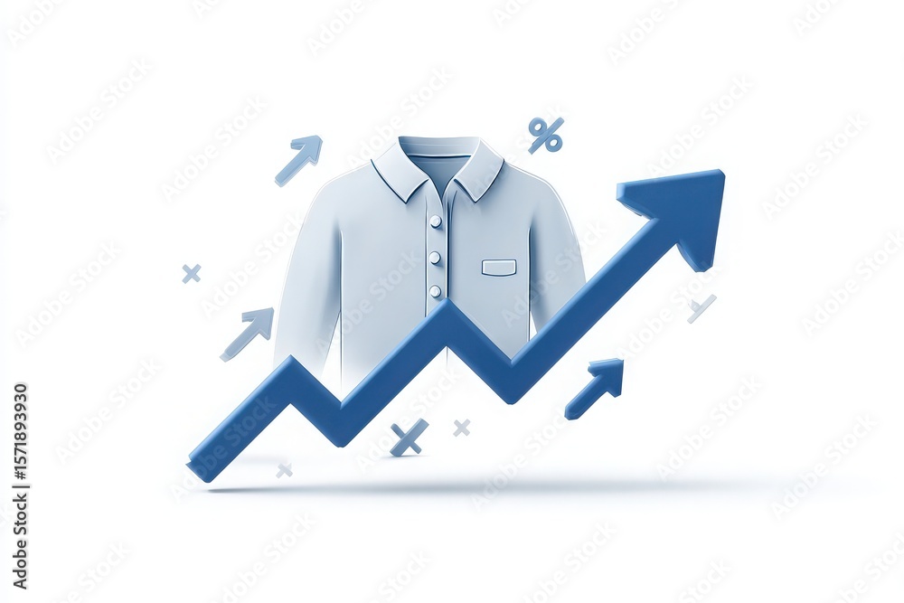 A blue shirt is prominently displayed with upward arrows and percentages surrounding it, symbolizing growth and success in the apparel industry.