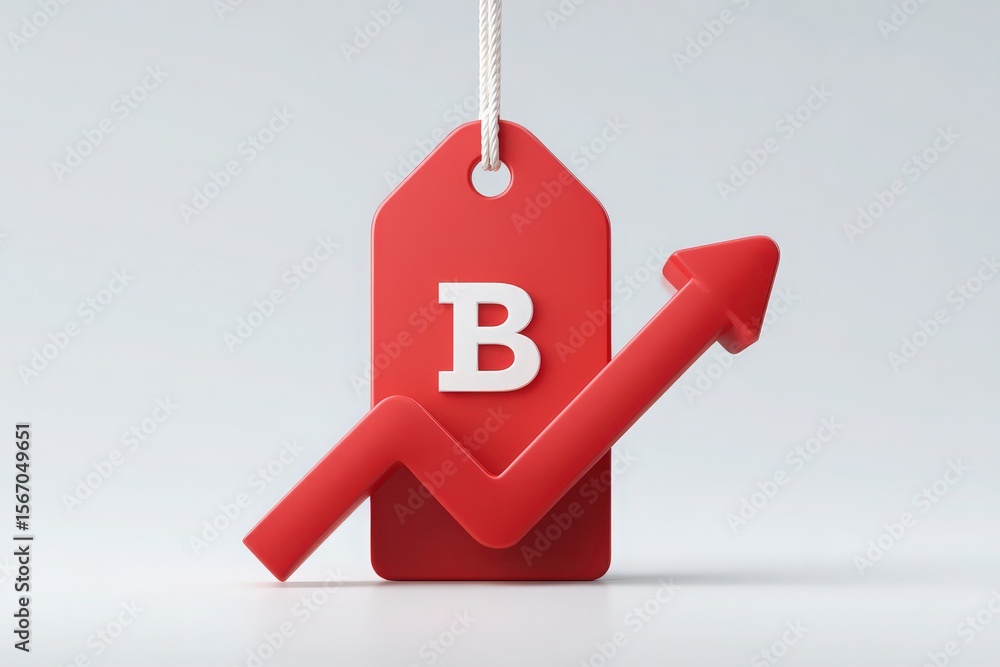 A bold red price tag features the letter B prominently. An upward arrow graphically illustrates growth, suggesting an increase in value or sales. The design emphasizes business success and motivation.