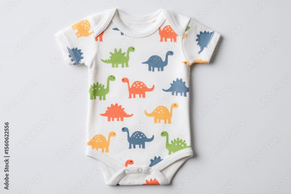 A bright baby onesie features a fun dinosaur print in various colors. The short-sleeved design is suitable for infants, making it ideal for casual outings or playdates.