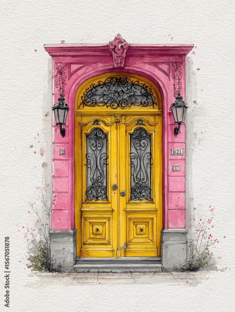 A bright yellow double door features elaborate black ironwork set against a vivid pink wall. Two lanterns hang beside the entrance, adding charm and character to the building.