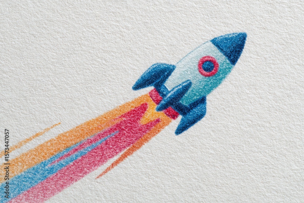 A brightly colored rocket ascends into the sky, leaving a trail of vibrant hues behind. The background features a textured surface that enhances the artworks playful and imaginative theme.