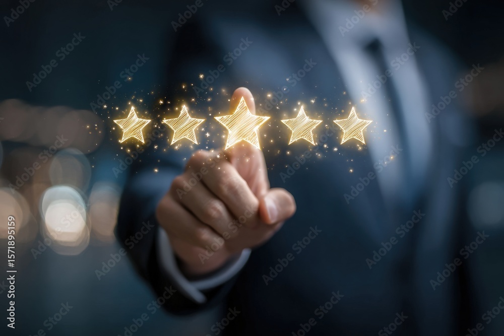 A business professional in a suit is using a finger to interact with glowing stars representing ratings. The setting suggests a focus on customer feedback or service quality, enhancing engagement.