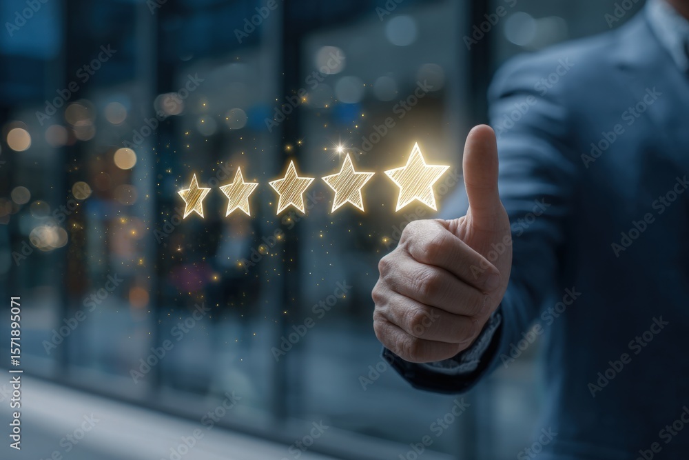 A business professional stands outside a modern building, giving a thumbs up. Five glowing stars float above their hand, representing excellent ratings and positive feedback.