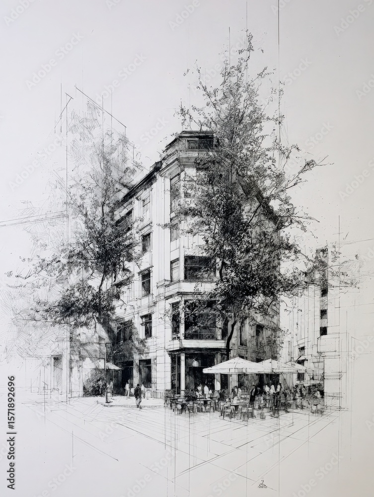 A bustling city corner features a stylish building surrounded by trees. Outdoor seating invites visitors to enjoy the vibrant atmosphere on a sunny day, creating a lively social hub.