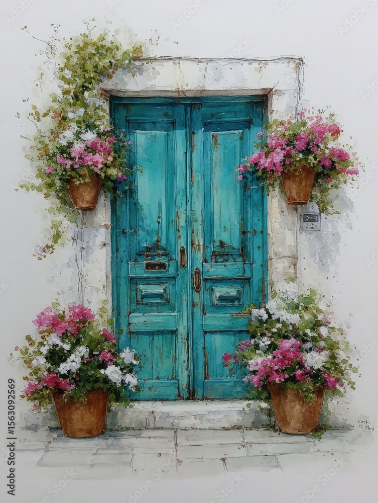 A charming blue door framed by vibrant flower pots. Bougainvillea in full bloom surrounds the entrance, adding color and warmth to this quaint setting. The scene is bright, inviting, and picturesque.