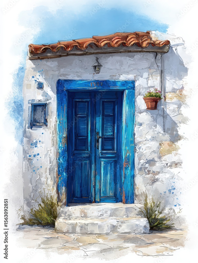 A charming blue door stands at the entrance of a traditional house, surrounded by whitewashed walls and a small plant. The warm Mediterranean sun casts a soft glow on the scene.