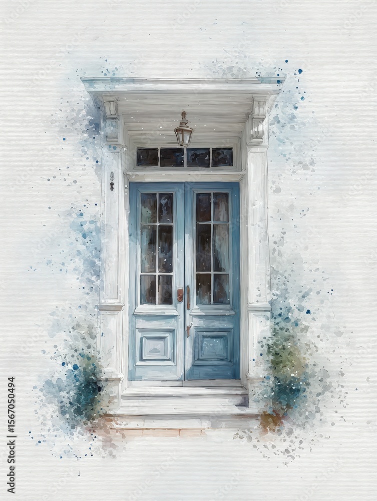 A charming blue door stands prominently within an elaborate white frame.