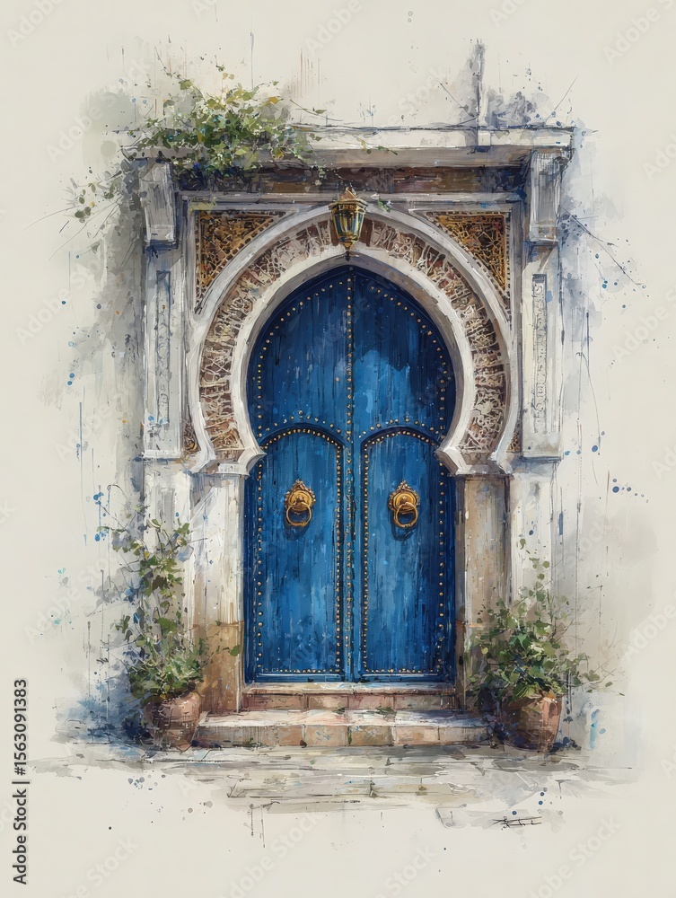 A charming blue wooden door with ornate details stands prominently in a historic building. Surrounding it are potted plants, adding a touch of natural beauty to the architecture.