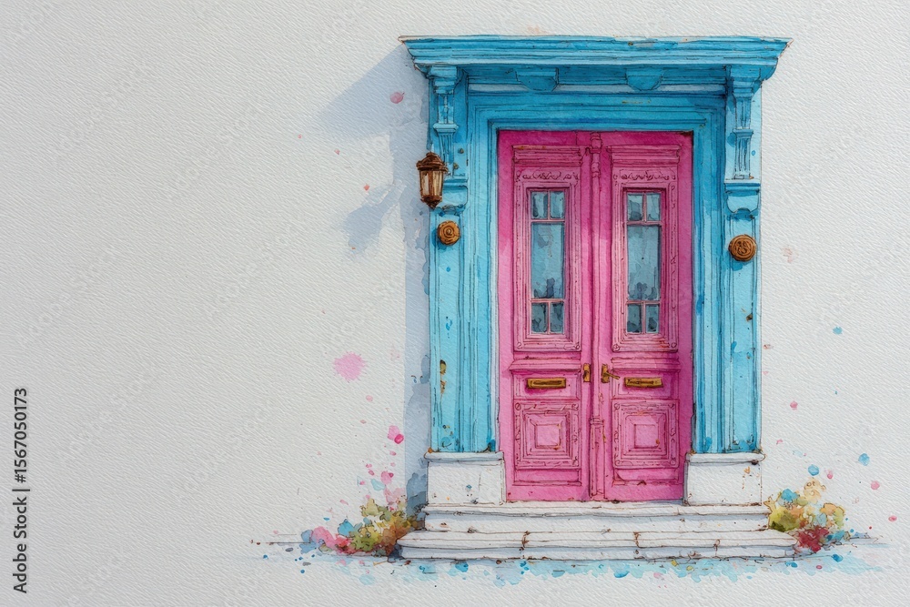 A charming door features a bright blue frame and pink double doors, enhanced by elegant lamps on either side. The backdrop is a softly textured wall, creating an inviting atmosphere.