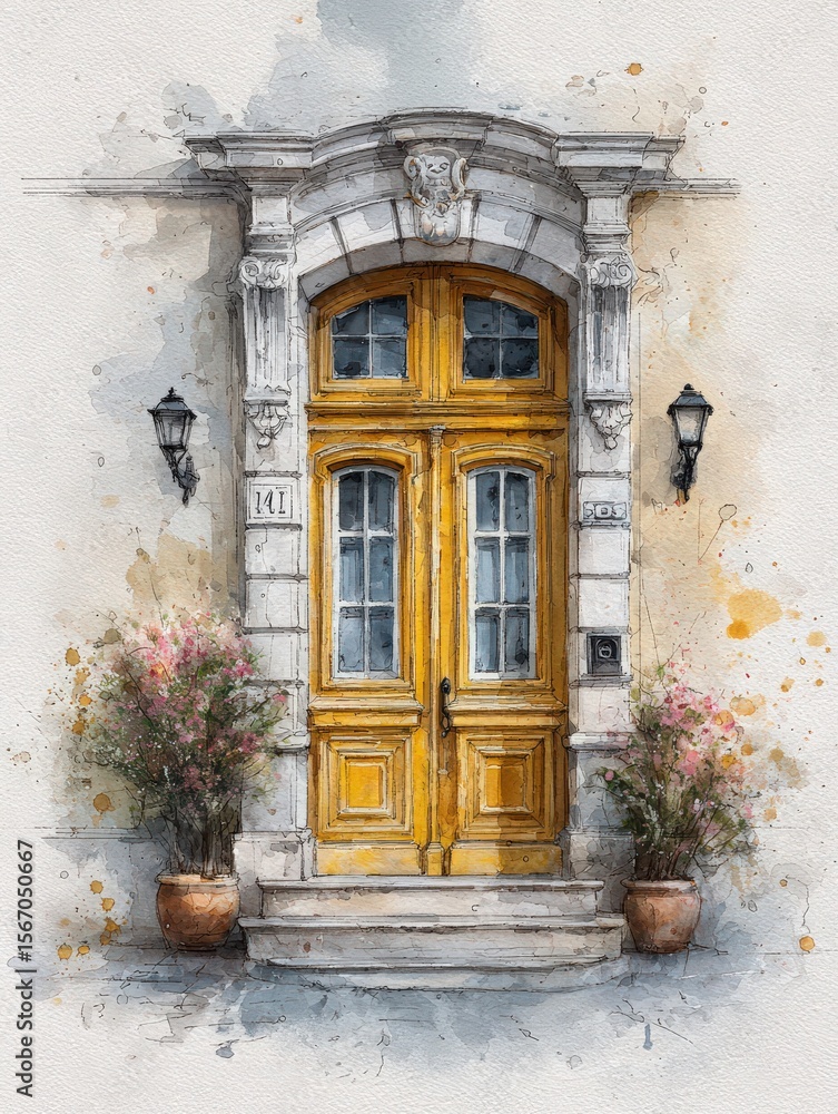A charming entrance showcases stunning yellow double doors framed by ornate moldings. Flanking the door are decorative wall sconces and lush potted plants, creating a warm and inviting atmosphere.