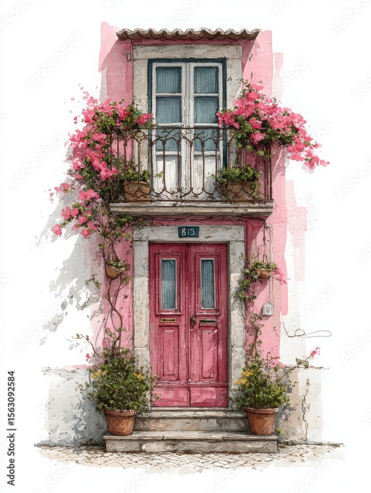 A charming house featuring a pink facade adorned with blooming flowers. The front door, accented by a decorative balcony, reflects a warm, inviting atmosphere in a sunlit setting.