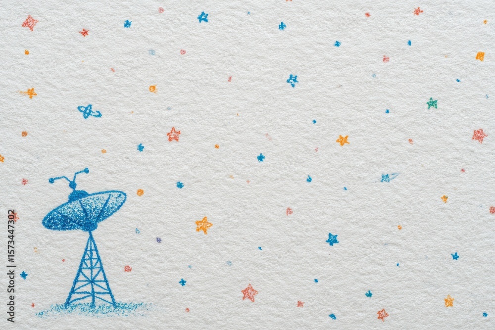 A charming illustration features a satellite dish with a tripod structure, surrounded by vibrant stars in various colors. The textured backdrop adds depth to the cosmic theme.