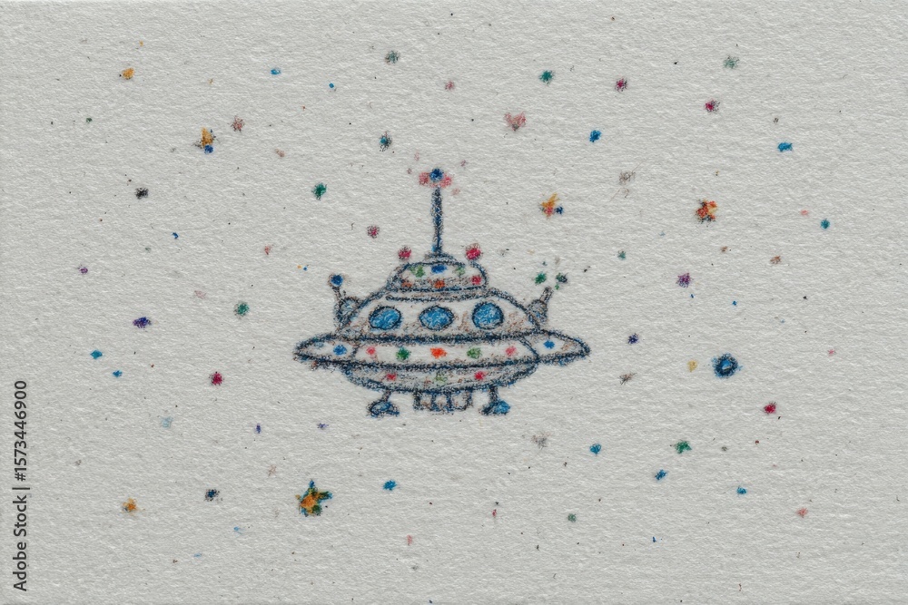 A charming illustration of a spaceship with antennas and circular design, set against a textured paper background speckled with colorful stars. The scene conveys a whimsical sense of adventure.