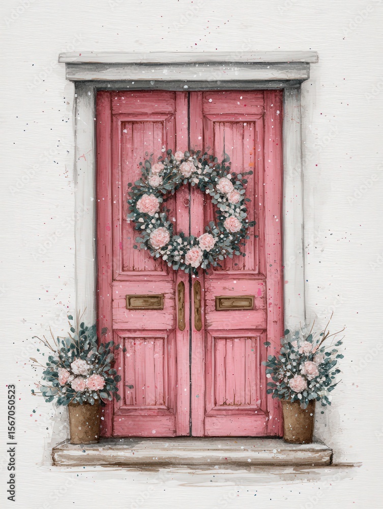 A charming set of pink double doors showcases a beautiful floral wreath made of soft hues. Two potted plants burst with greenery and blooms, enhancing the inviting atmosphere.