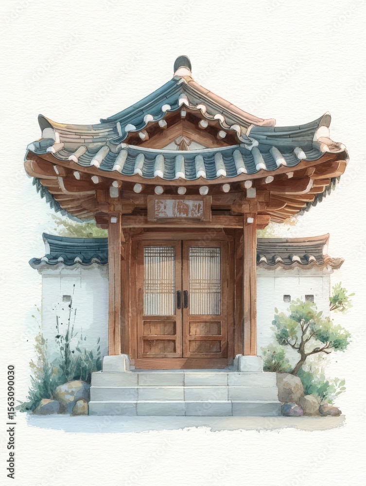 A charming traditional Korean building showcases intricate architectural details, featuring a gracefully curved roof and wooden double doors. Lush greenery and stones enhance its tranquil environment.