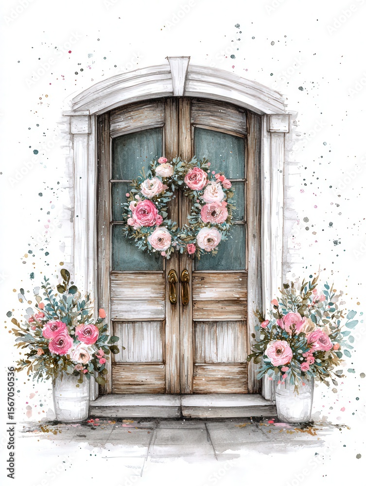 A charming wooden door adorned with a floral wreath and potted plants on both sides. Soft pink roses brighten the entrance against a light background, giving a welcoming atmosphere.