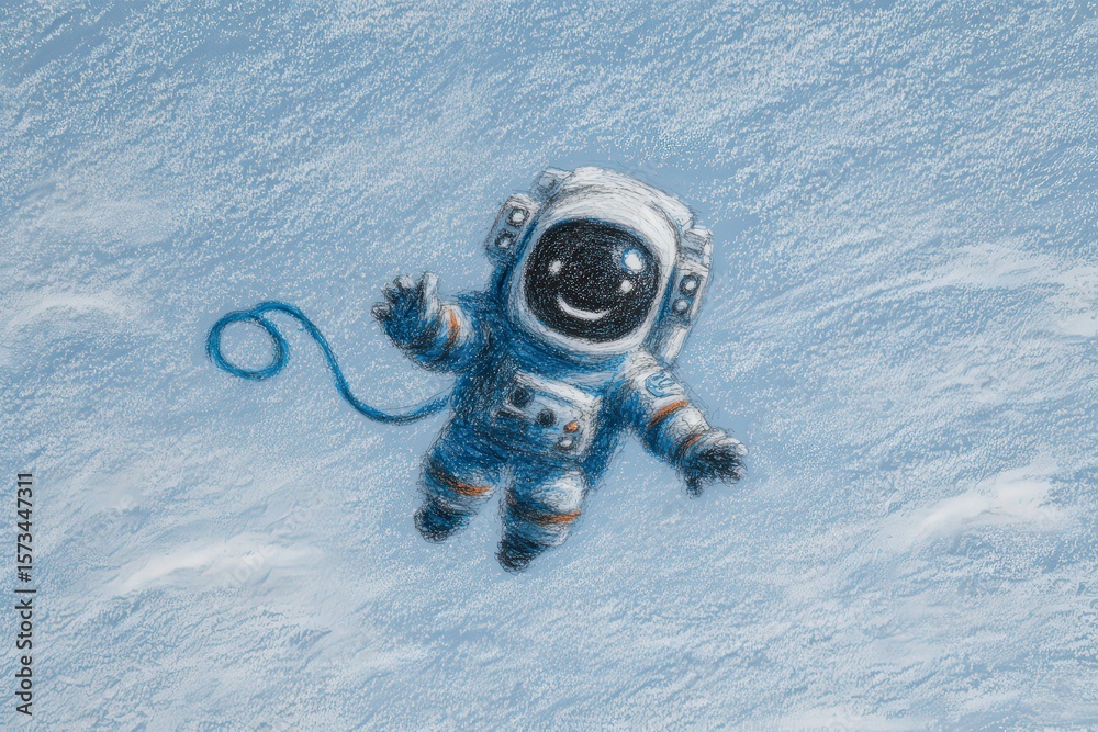 A cheerful astronaut drifts through the vastness of space, wearing a spacesuit with vibrant details. The blue background enhances the lighthearted atmosphere, showcasing a moment of joy in the cosmos.