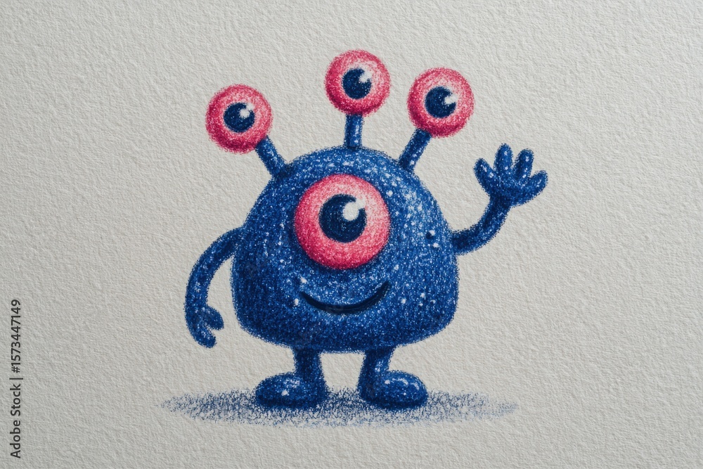 A cheerful, blue cartoon monster with three prominent eyes and a large central eye waves at the viewer. The character is drawn in a playful, simplistic style and has a friendly expression.