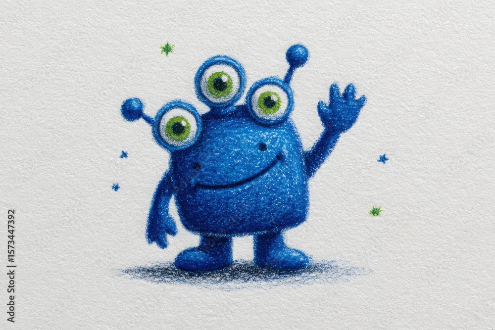 A cheerful blue creature with three eyes and a wide grin is waving happily. The character stands out against a light background, surrounded by small colorful stars.