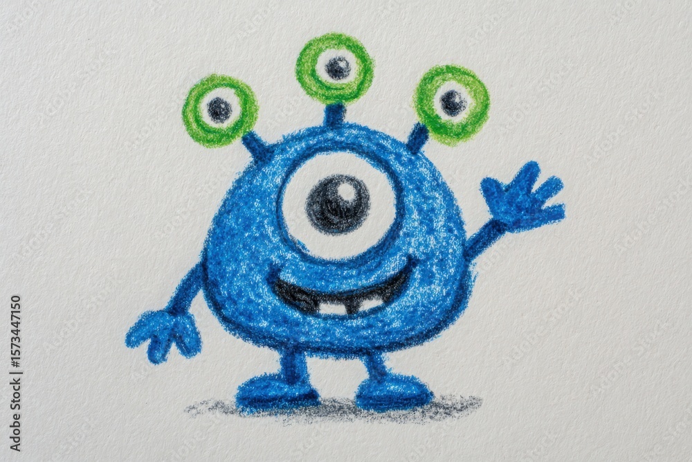 A cheerful blue monster with one large eye and three smaller green eyes waves happily. Its round body and wide smile create a playful atmosphere, showcasing a fun, cartoonish design.