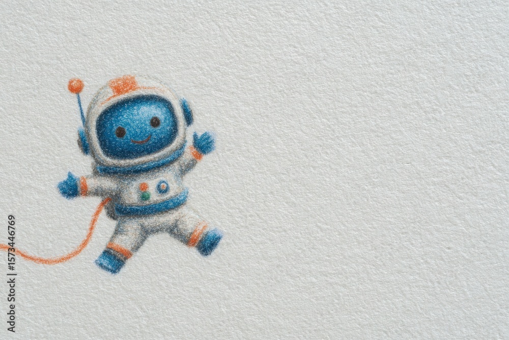 A cheerful cartoon astronaut floats joyfully in a space setting. The character features a blue face, an orange and white suit, and an antenna, capturing a whimsical adventure.