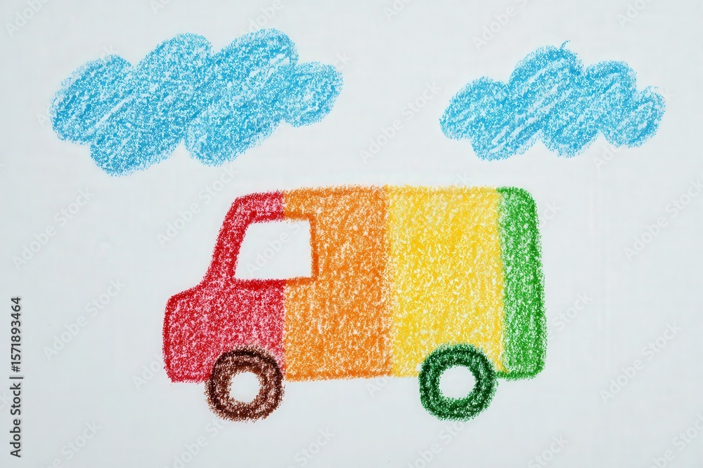 A cheerful chalk drawing depicts a truck painted in vibrant colors, with red, orange, yellow, and green sections. Fluffy clouds float above, bringing a playful atmosphere to the artwork.