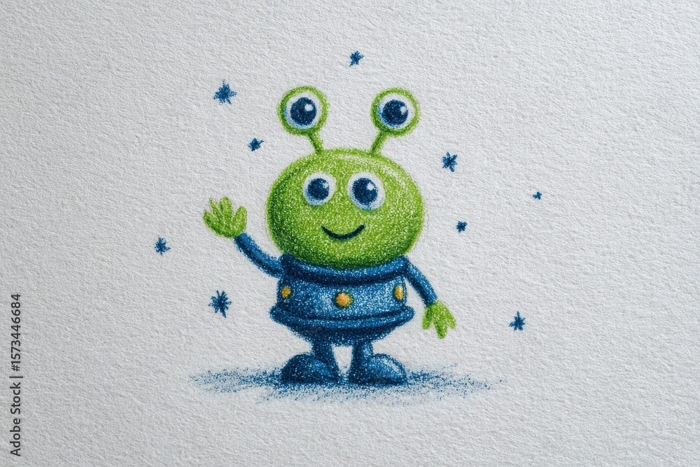 A cheerful green alien with large eyes and a blue space outfit stands against a textured backdrop. The character waves enthusiastically, surrounded by small stars, creating a whimsical atmosphere.