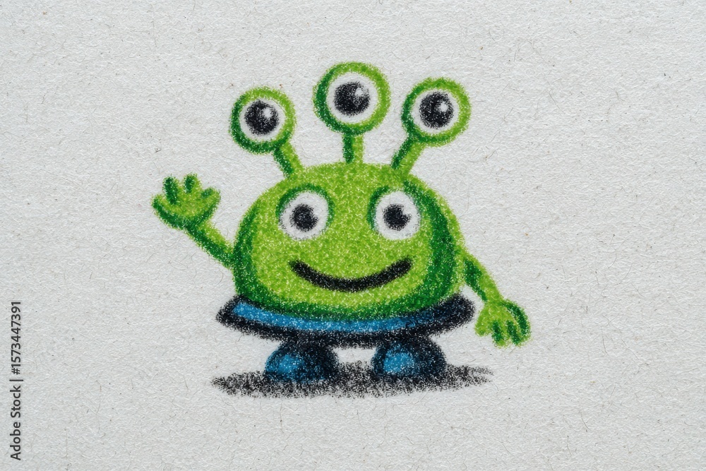 A cheerful green alien with three eyes stands waving. The character features a round body, blue accents, and an inviting smile, conveying a playful and friendly atmosphere.