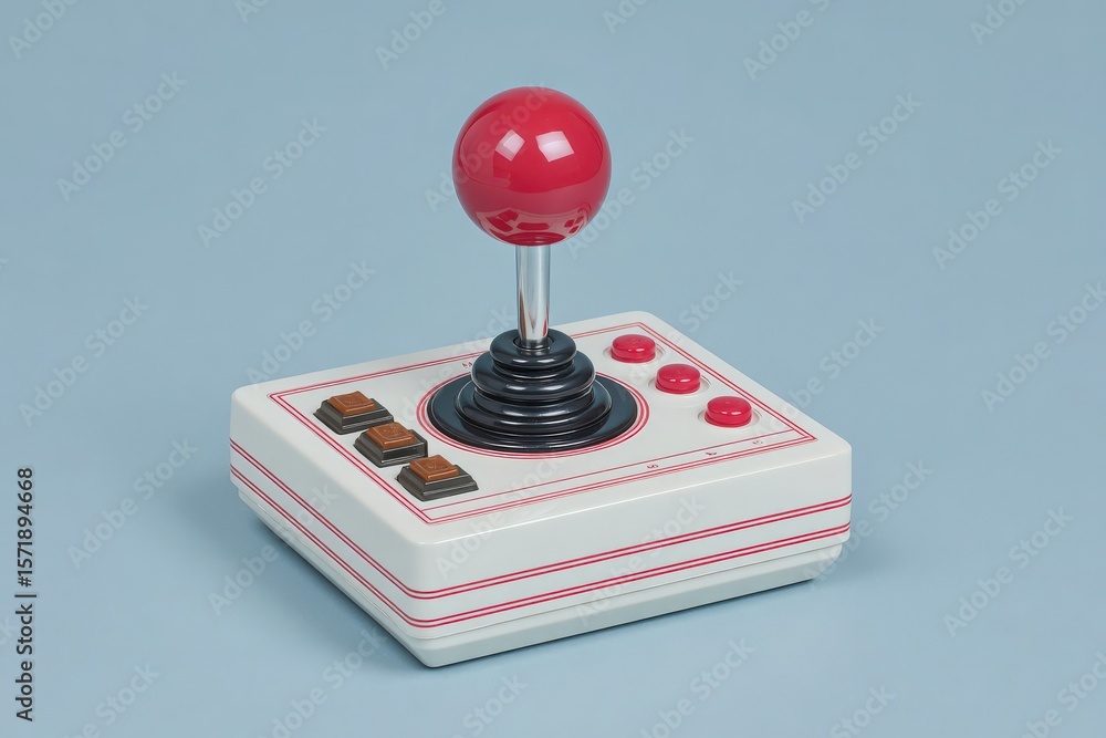 A classic arcade joystick sits on a light blue surface. It features a red ball top, black control base, and three buttons, evoking nostalgia for retro gaming experiences.