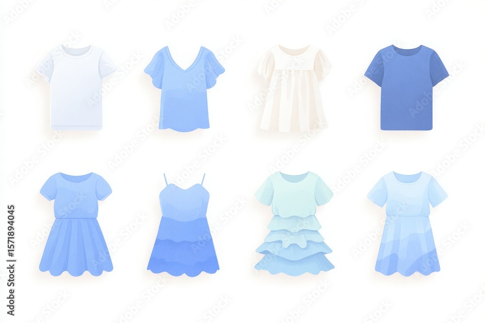A collection of clothing items in shades of blue is arranged neatly. The display includes tops, dresses, and skirts, showcasing diverse designs and fabrics.