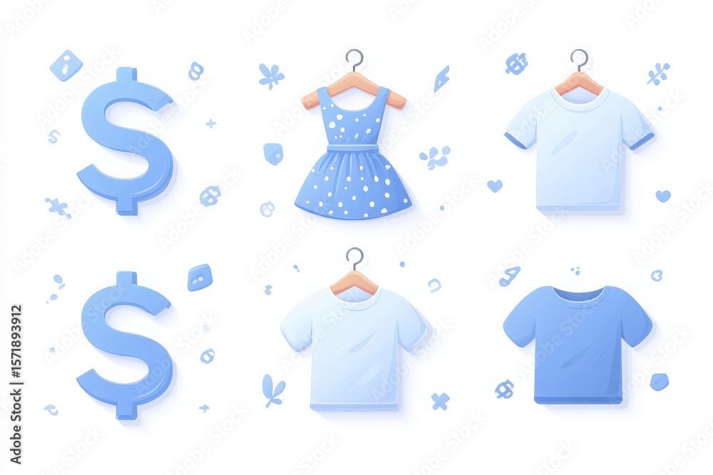 A colorful arrangement features a polka dot dress and two blue t-shirts hanging on wooden hangers. Surrounding elements include dollar signs and decorative shapes, emphasizing fashion and pricing.