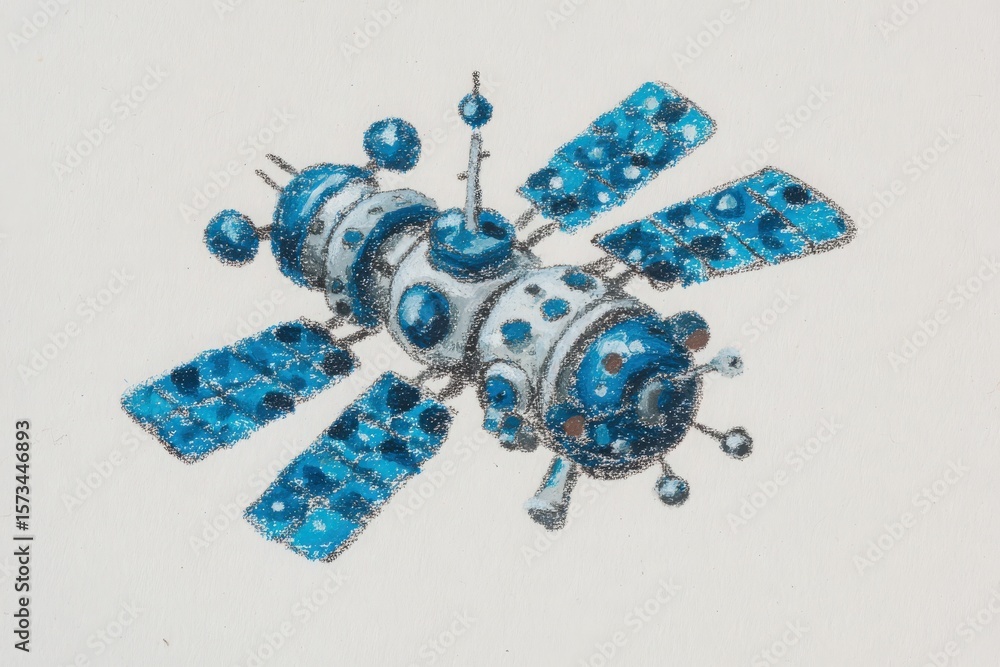 A colorful artistic representation of a futuristic space station featuring a central module with blue and silver colors.