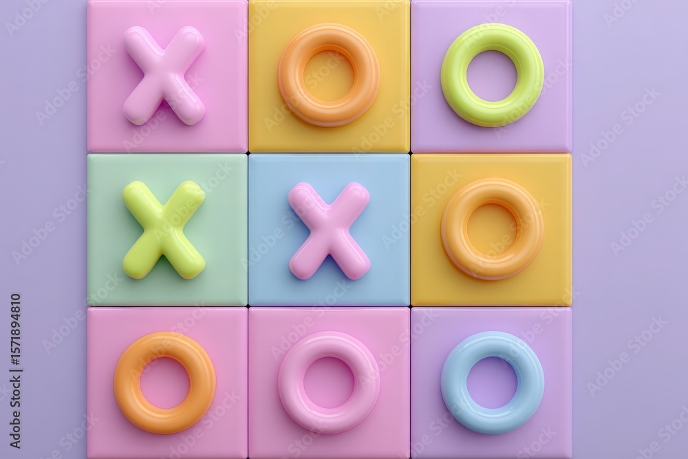 A colorful configuration of pastel tiles displays a tic-tac-toe grid. The game pieces consist of playful x and o shapes in soft, muted colors. The soft purple background enhances the cheerful vibe.
