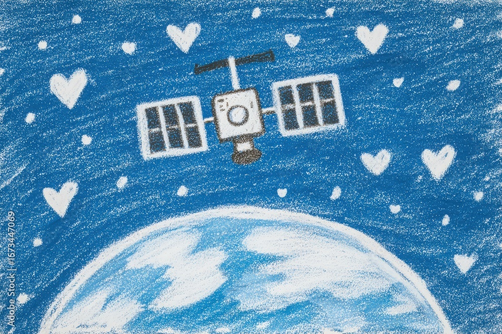 A colorful drawing depicts a satellite orbiting Earth surrounded by a blue sky filled with white hearts. The artwork blends elements of space with a warm, affectionate theme.