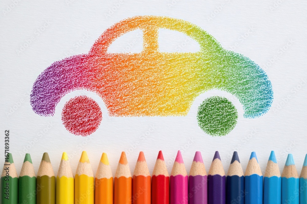 A colorful drawing of a car is created with crayons, showcasing a vibrant gradient. Below, a row of neatly arranged crayons in various colors enhances the artistic theme.