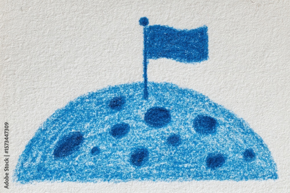 A colorful representation of a blue moon with a small flag planted atop. The circular shape features various dark spots, emphasizing artistic creativity and imagination.