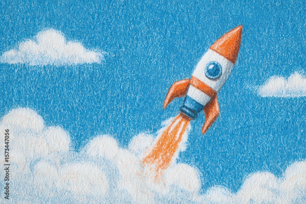 A colorful rocket ascends into a bright blue sky, leaving a trail of orange flames. Fluffy white clouds surround the rocket, creating a whimsical and adventurous atmosphere.