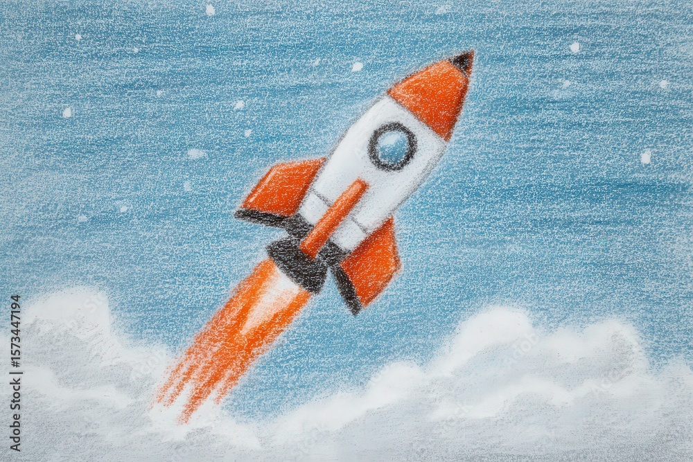 A colorful rocket propels upward through a clear blue sky, leaving a trail of orange flames. Fluffy white clouds surround the launch, creating a vibrant scene of exploration and adventure.