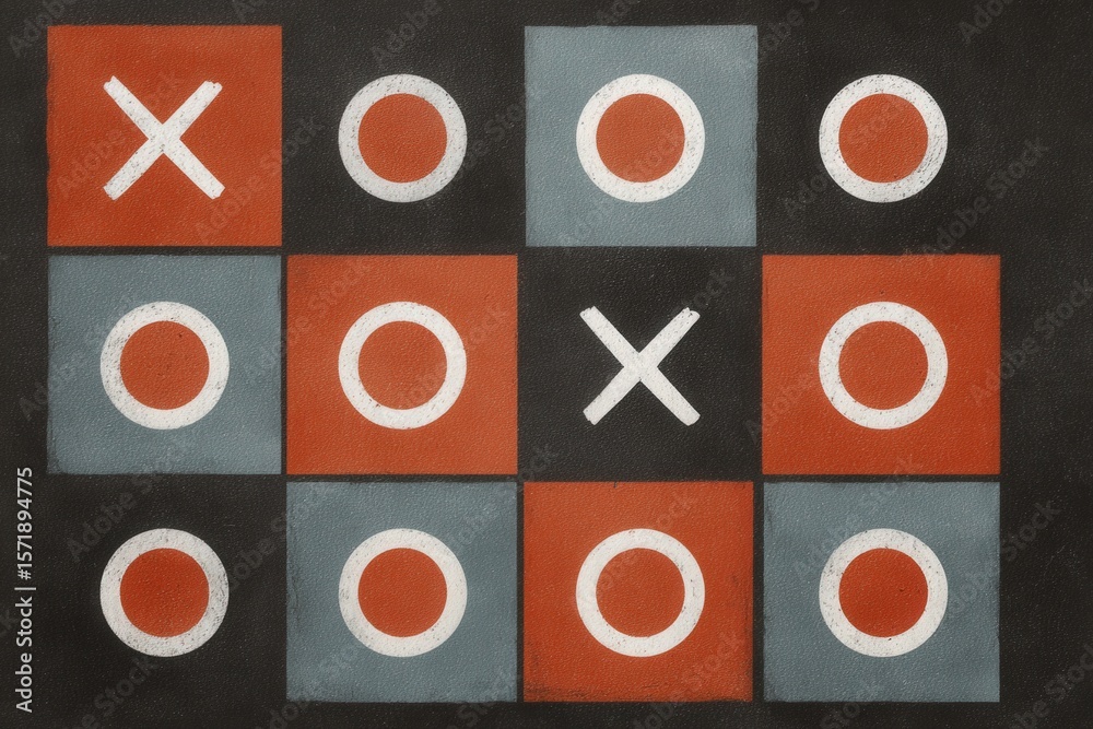 A colorful tic-tac-toe grid displays X and O markers in red, blue, and white against a black background. The game is in progress, emphasizing strategic thinking and competition.