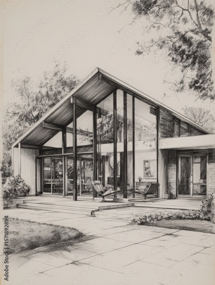 A contemporary house features an expansive glass facade and a striking sloped roof design. The exterior is surrounded by landscaped gardens and a stone patio, providing a serene outdoor space.