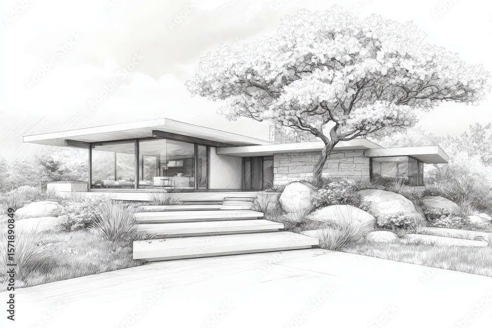 A contemporary house features large glass windows and minimalist structure, nestled among lush greenery. A striking tree complements the modern aesthetic, creating a peaceful oasis.