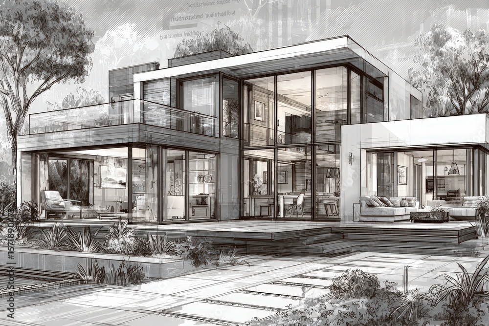 A contemporary house with large glass windows and a minimalist design is set amidst lush greenery. The structure features spacious balconies and an inviting outdoor area, perfect for relaxation.