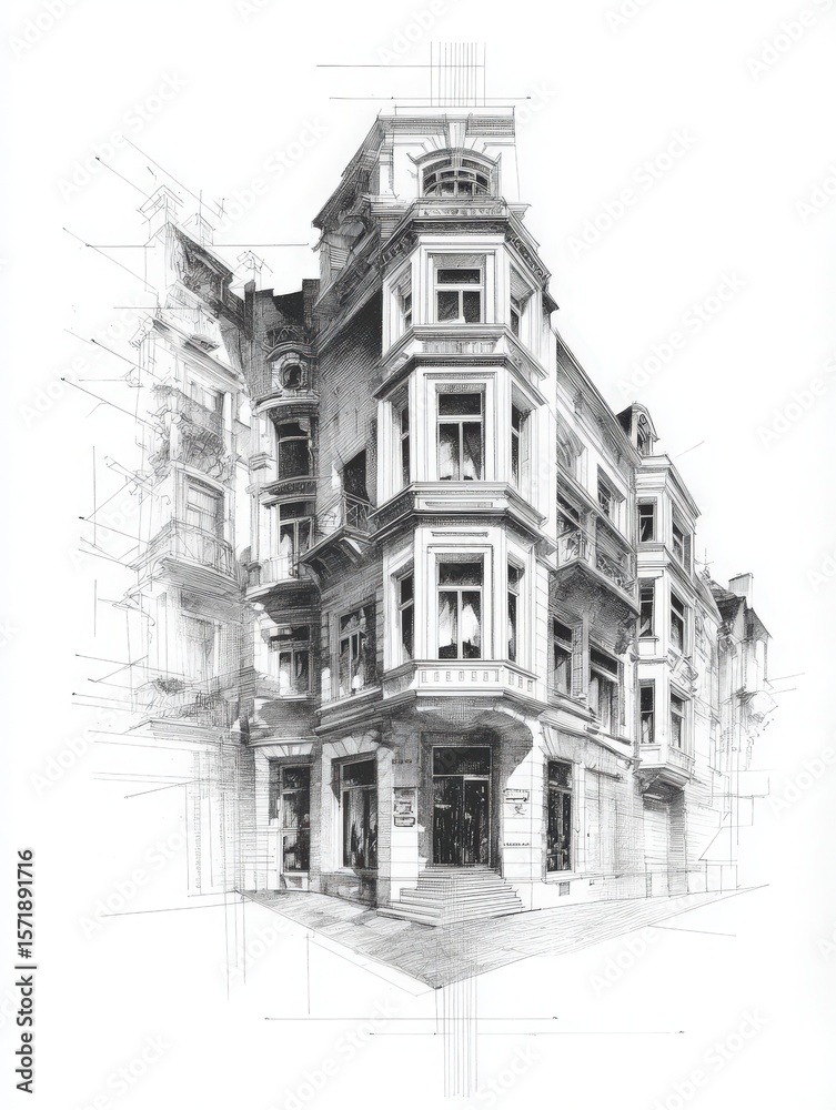 A corner building is depicted in a detailed drawing showcasing its unique architectural features. Various lines emphasize its structure, offering a glimpse of its design during the day.