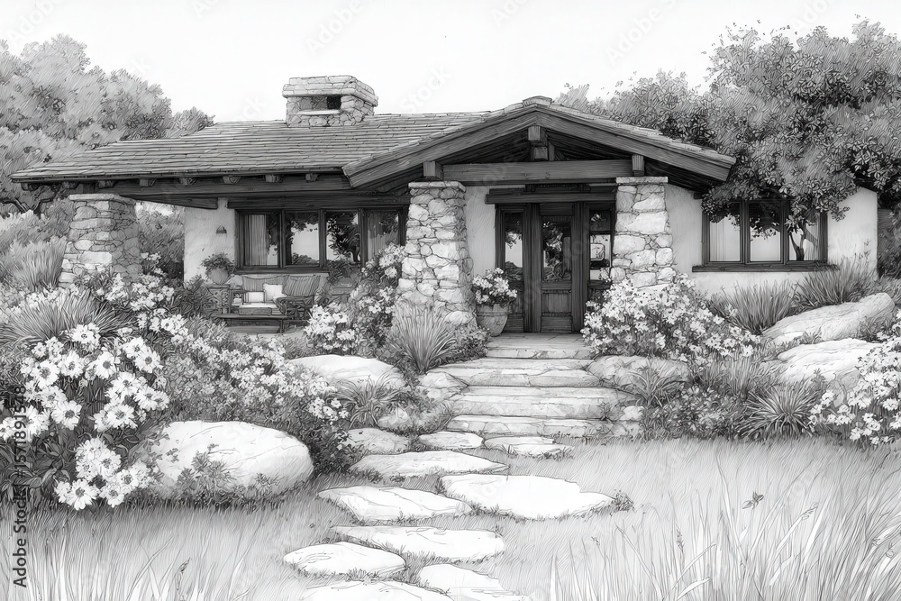 A cozy cottage with stone walls and a wooden roof sits amidst blooming flowers and greenery. Pathways lead to the entrance, creating a welcoming and tranquil environment.