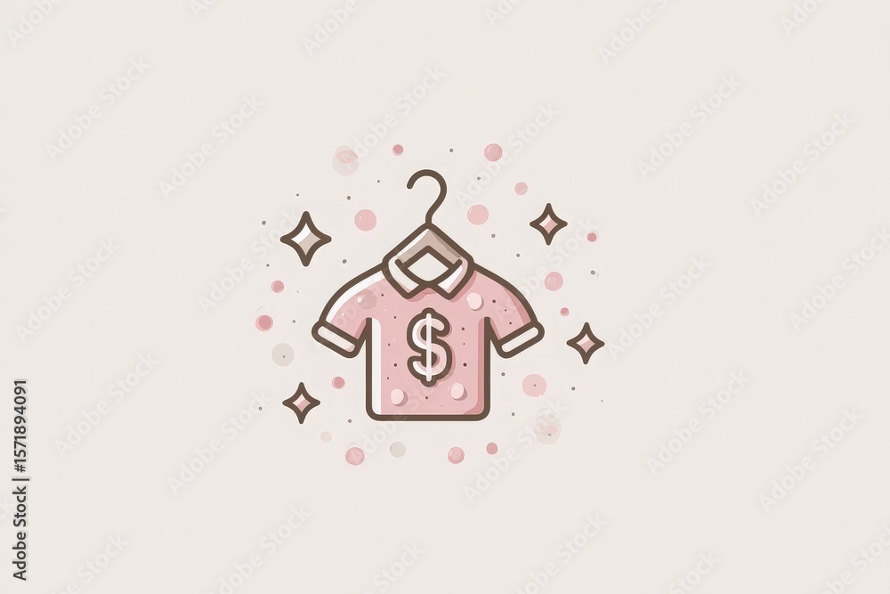 A cute pink shirt design featuring a dollar sign on a hanger, surrounded by sparkles and pastel dots. This artwork symbolizes trendy fashion that is budget-friendly and appealing.